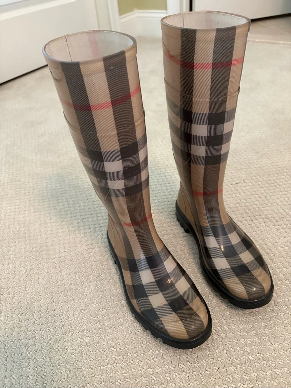 Burberry Beige Plaid Tall Rain Boots